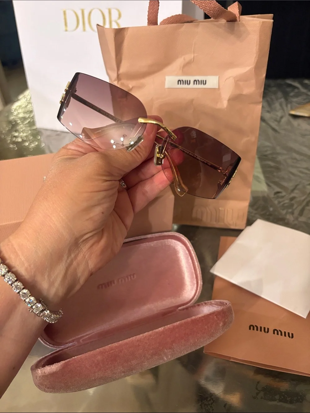 Miu Miu Rimless Sunglasses with Brown Gradient Lenses and Gold Temples